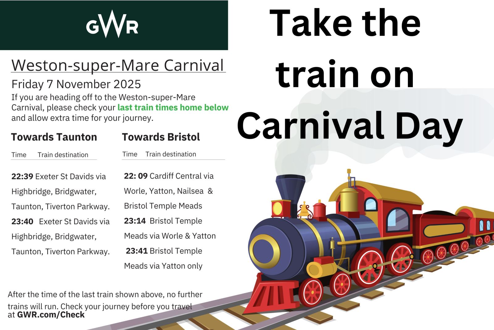 A graphic with a cartoon style steam train advertising the last train times after the Weston-super-Mare Carnival